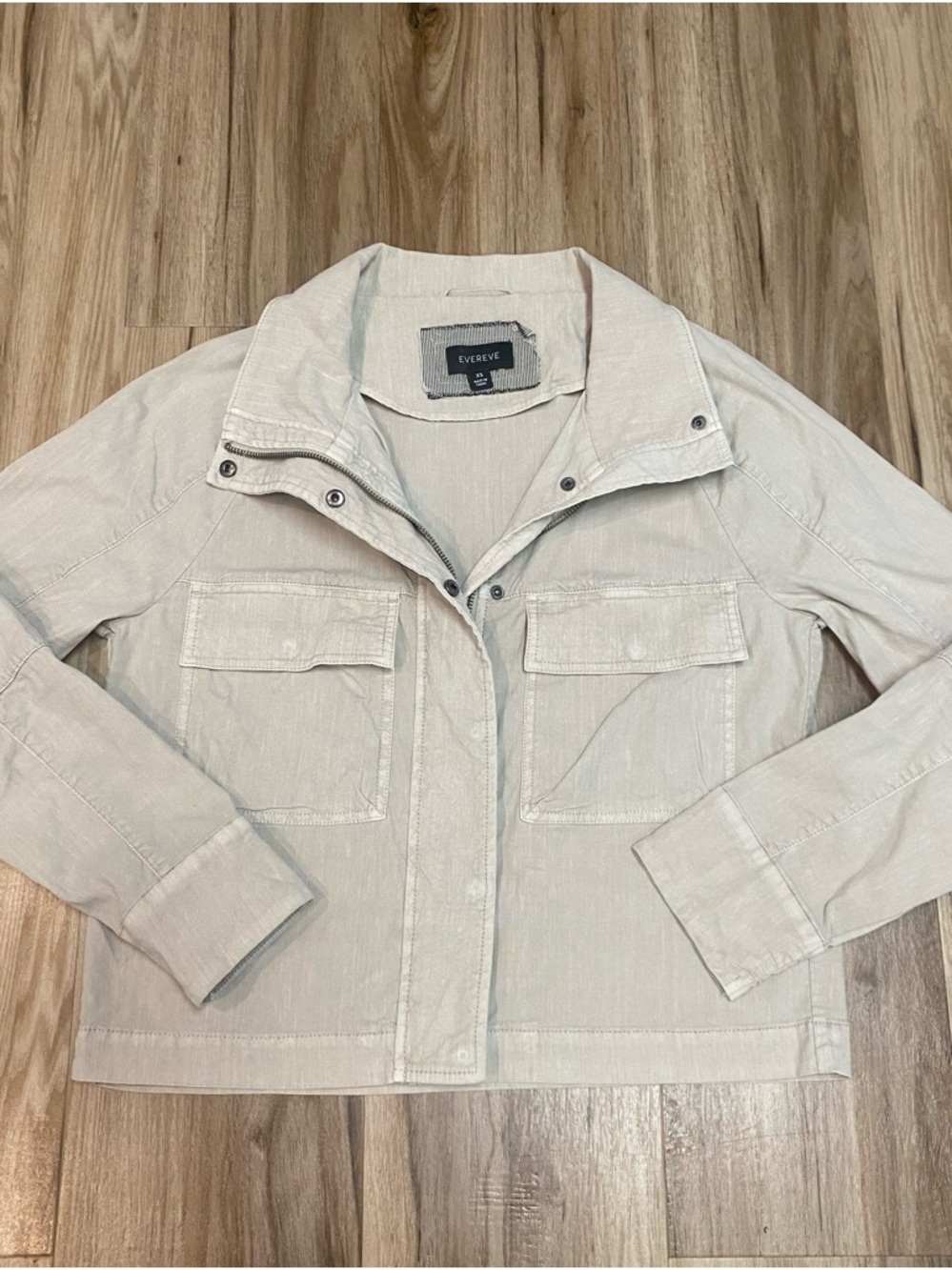 EVEREVE CAMP UTILITY JACKET TAN BEIGE MILITARY STYLE ZIP BUTTON SZ XSMALL